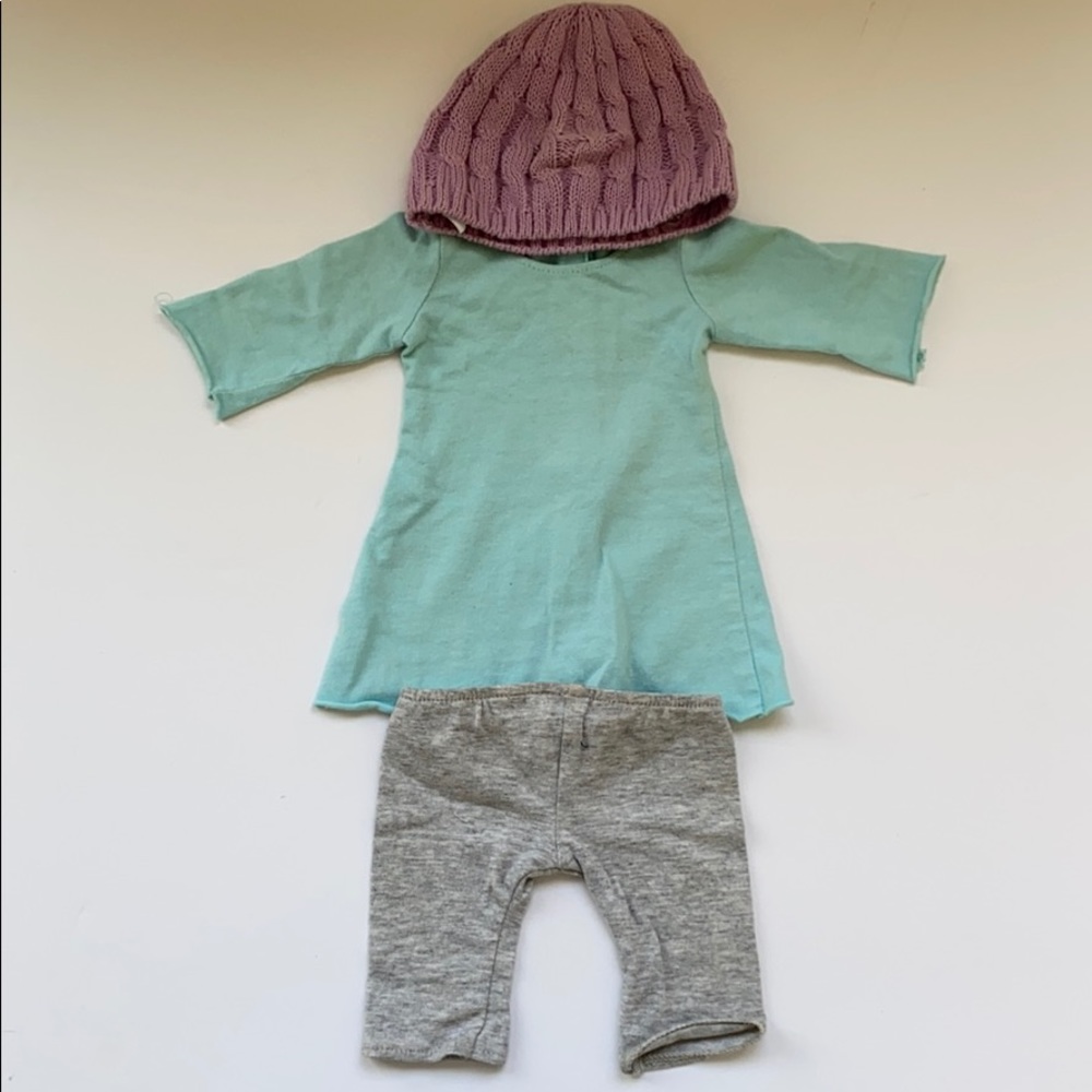 American Girl Doll Blue dress, grey pants, beanie